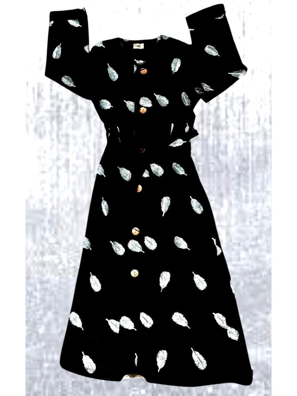 Rare Vintage DS Diyana Secret Black Maxi Dress Large Embroidered Feathers Button